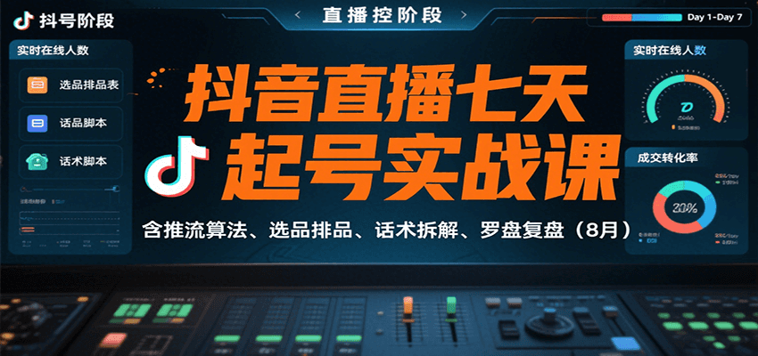 抖音直播七天起号实战课：含推流算法、选品排品、话术拆解、罗盘复盘（8月）-菜菜网创