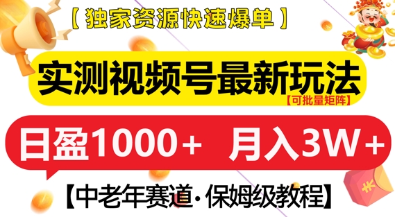 实测视频号最新玩法，中老年赛道，独家资源，月入过W+【揭秘】-菜菜网创