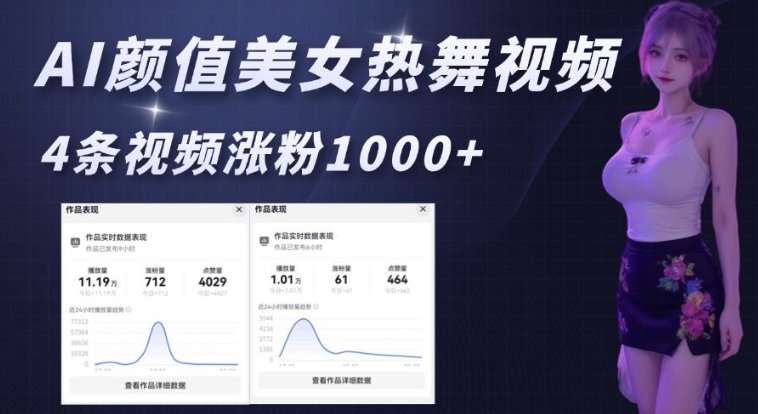 AI颜值美女热舞视频，4条视频涨粉1000+，实测6分钟一条-菜菜网创