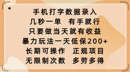 手机打字数据录入，几秒一单，有手就行，只要做当天就有收益，暴力玩法一天低保2张-菜菜网创