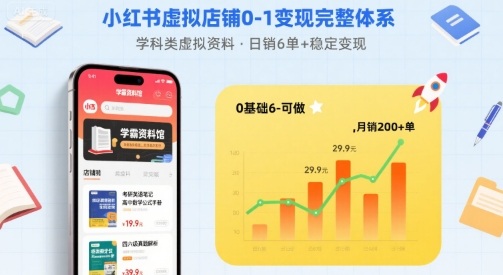 小红书虚拟店铺0-1变现完整体系：卖学科类虚拟资料，一天6张+，很稳定【已完结】-菜菜网创
