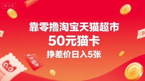 靠零撸淘宝天猫超市50元猫卡，挣差价日入5张-菜菜网创