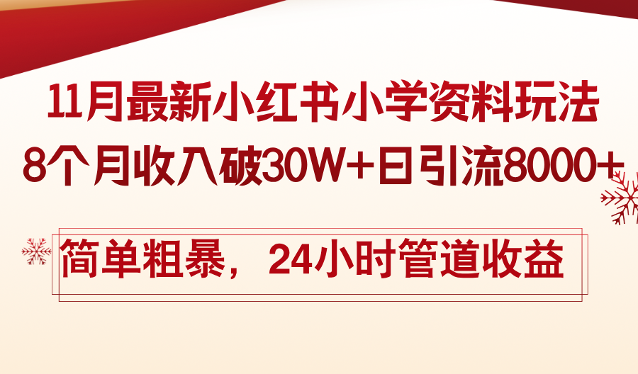 11月份最新小红书小学资料玩法，8个月收入破30W+日引流8000+，简单粗暴…-菜菜网创