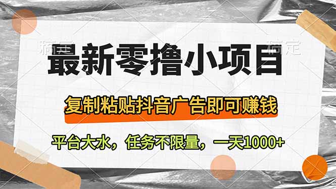 最新零撸小项目，复制粘贴抖音广告即可赚钱，平台大水，任务不限量，一…-菜菜网创
