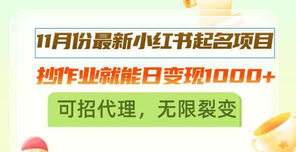 11月份最新小红书起名项目，抄作业就能日变现1000+，可招代理，无限裂变-菜菜网创