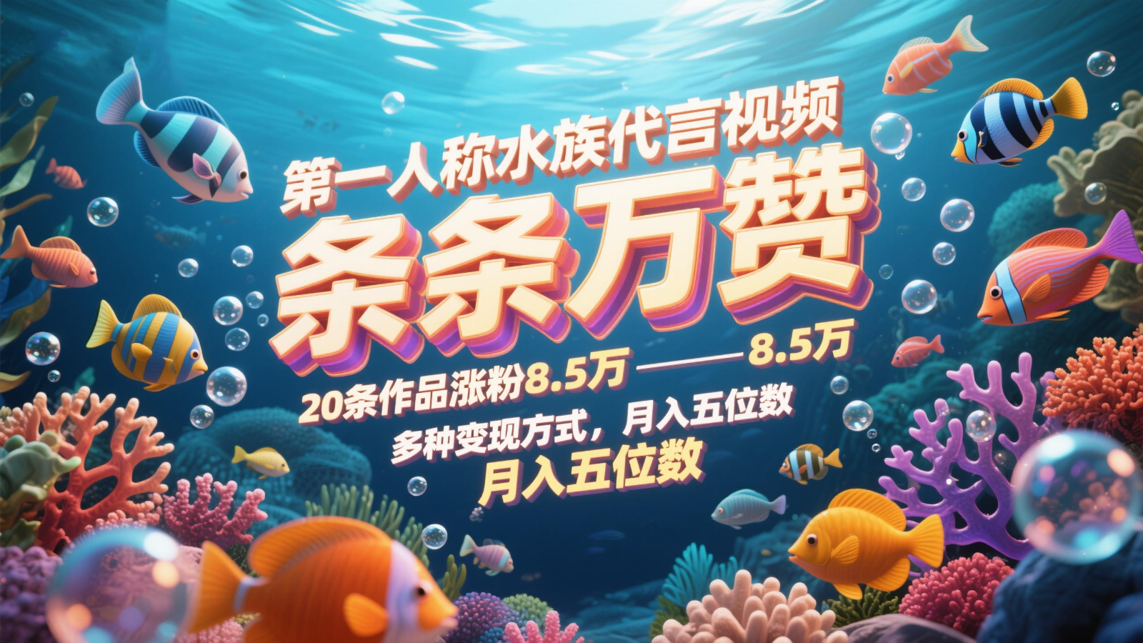 第一人称水族代言视频，条条万赞，20条作品涨粉8.5万，多种变现方式月，入五位数-菜菜网创