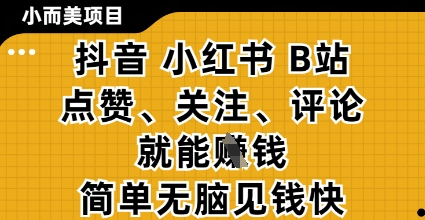 小而美的项目，抖音小红书B站视频点赞、关注、评论就能挣钱，简单无脑立见收益，妥妥的零撸项目【揭秘】-菜菜网创