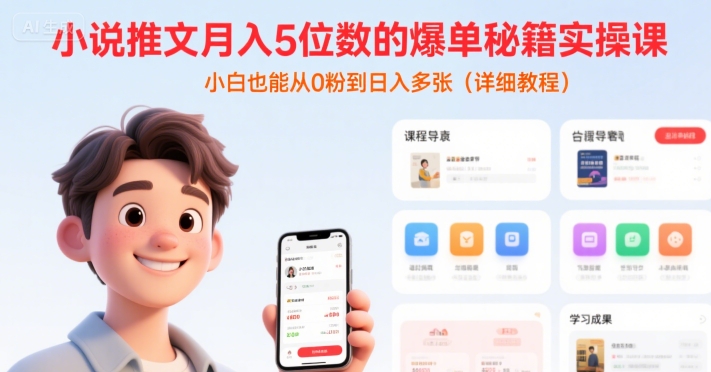 小说推文月入5位数的爆单秘籍实操课，，小白也能从0粉到日入多张(详细教程)-菜菜网创