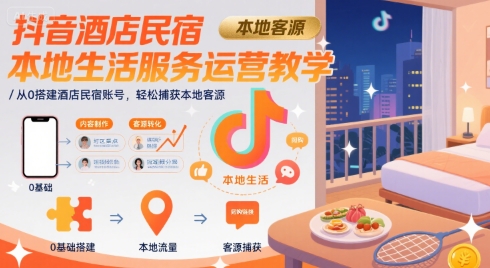 抖音酒店民宿本地生活服务运营教学，从0搭建酒店民宿账号，轻松捕获本地客源-菜菜网创