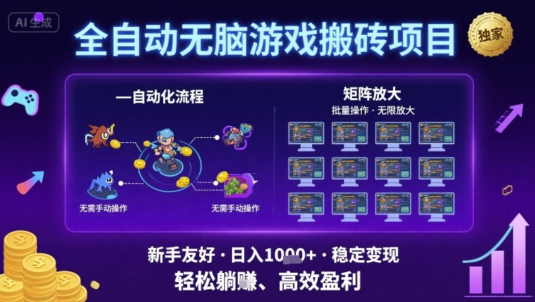 全自动无脑游戏搬砖项目，独家玩法，可批量矩阵无限放大，新手也能轻松日入1k+【揭秘】-菜菜网创