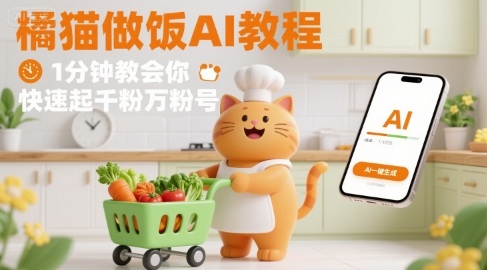 有趣的橘猫买菜做饭视频，用AI一键搞定，1分钟教会你，快速起千粉万粉号-菜菜网创
